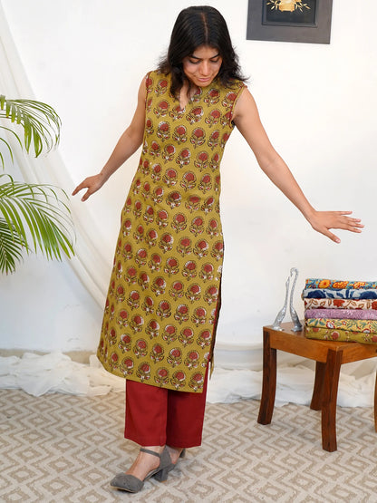 Olive Sunshine Sleeveless Block Printed COTTON Kurta