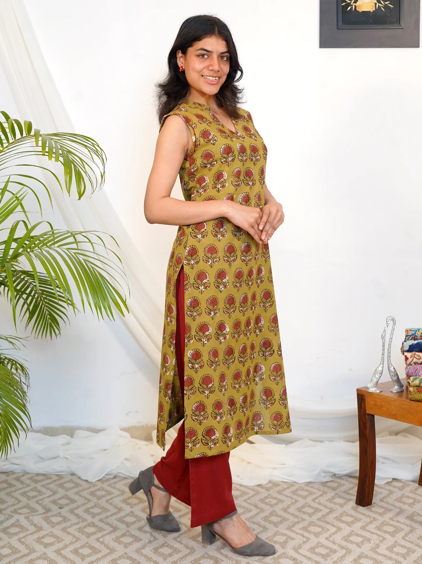 Olive Sunshine Sleeveless Block Printed COTTON Kurta