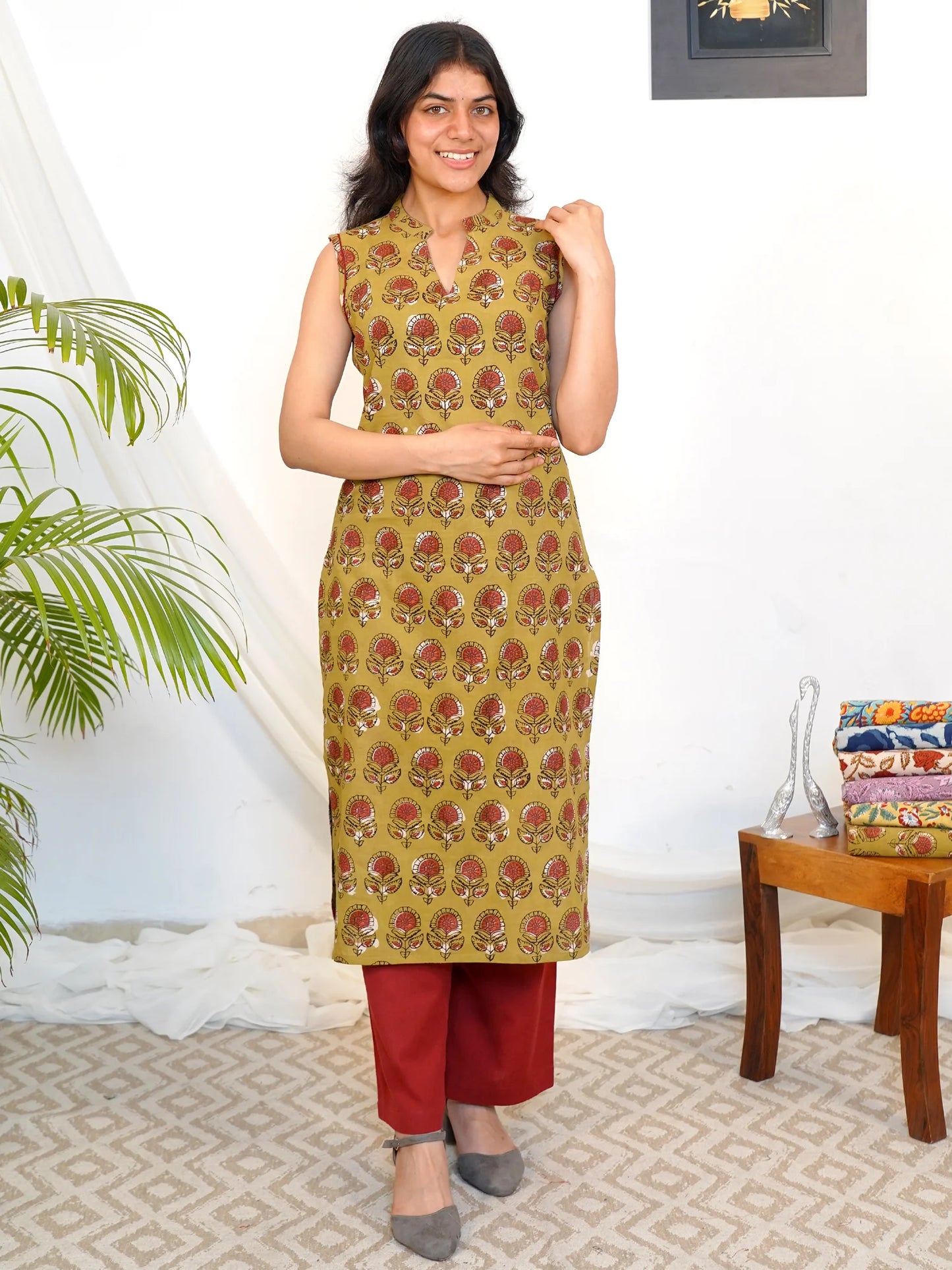 Olive Sunshine Sleeveless Block Printed COTTON Kurta