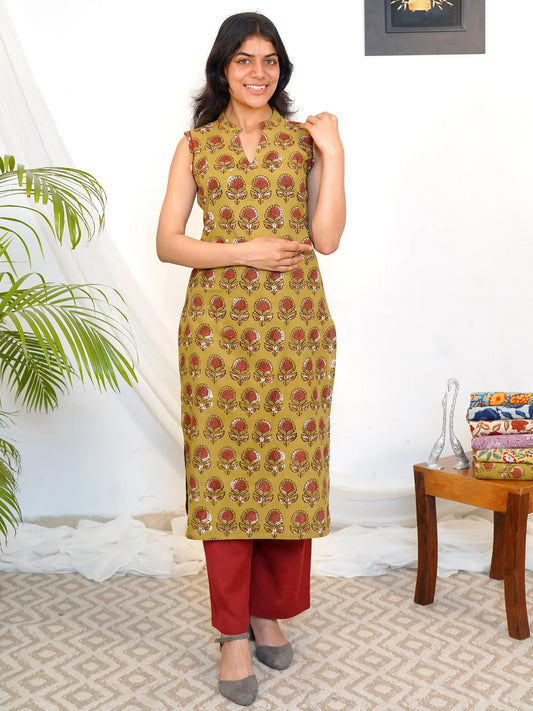 Olive Sunshine Sleeveless Block Printed COTTON Kurta