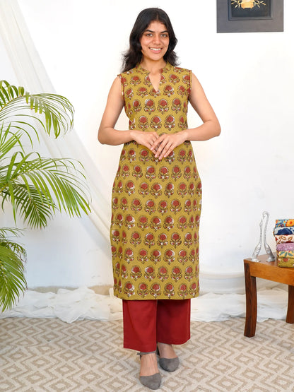 Olive Sunshine Sleeveless Block Printed COTTON Kurta