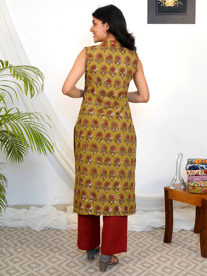 Olive Sunshine Sleeveless Block Printed COTTON Kurta