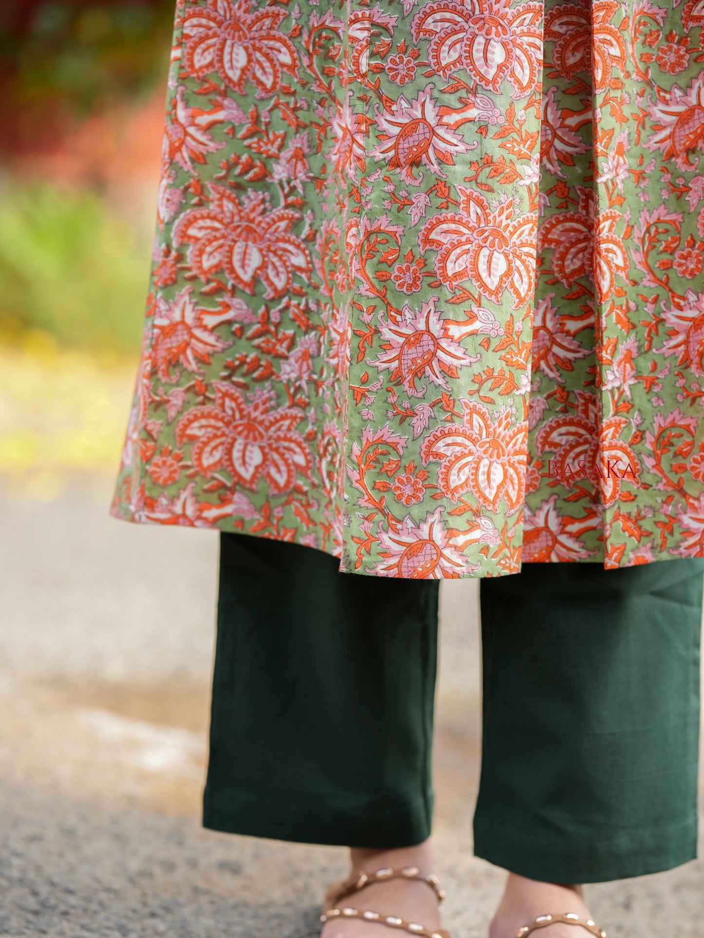 Olive n Coral Bloom Box Pleated COTTON Kurta
