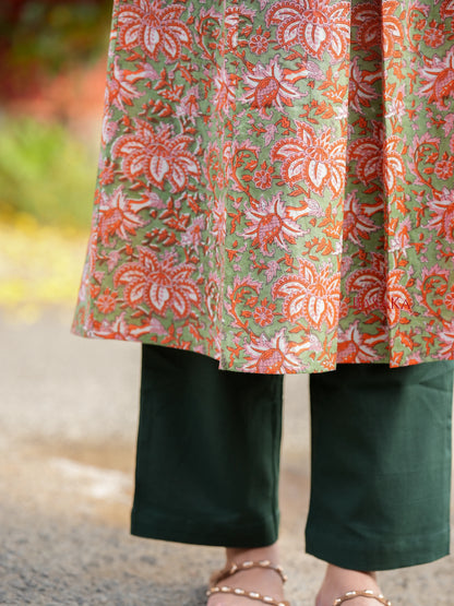Olive n Coral Bloom Box Pleated COTTON Kurta