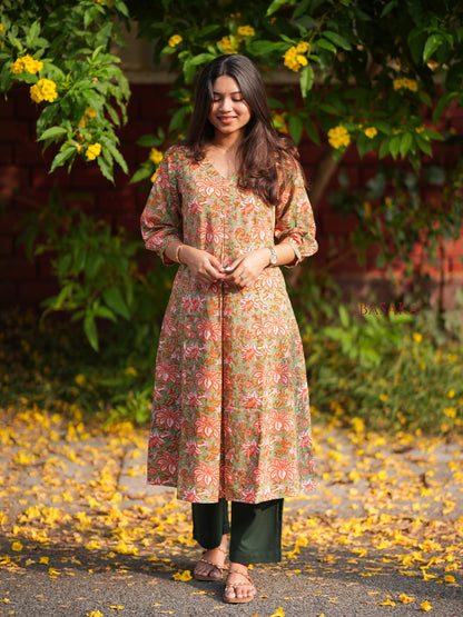 Olive n Coral Bloom Box Pleated COTTON Kurta