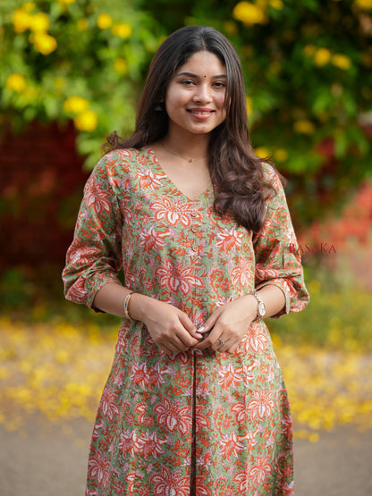 Olive n Coral Bloom Box Pleated COTTON Kurta