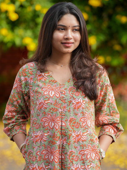 Olive n Coral Bloom Box Pleated COTTON Kurta
