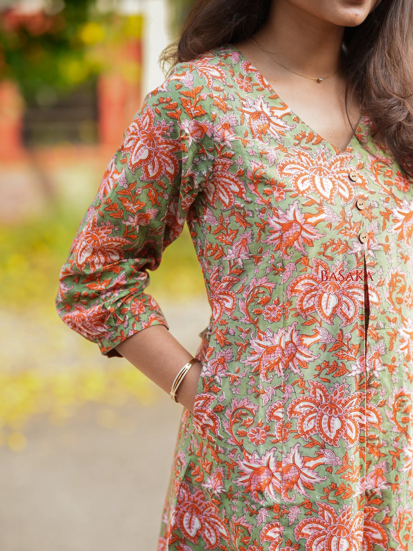 Olive n Coral Bloom Box Pleated COTTON Kurta
