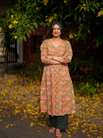 Olive n Coral Bloom Box Pleated COTTON Kurta