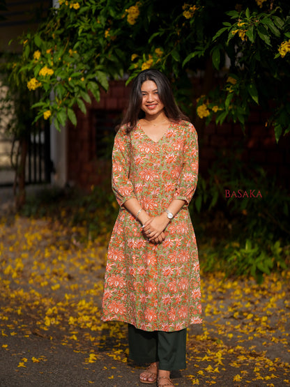 Olive n Coral Bloom Box Pleated COTTON Kurta