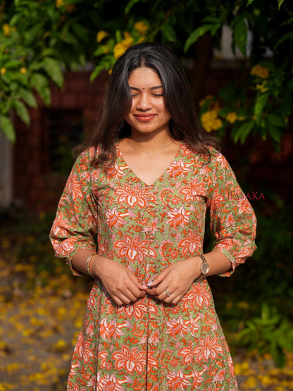 Olive n Coral Bloom Box Pleated COTTON Kurta