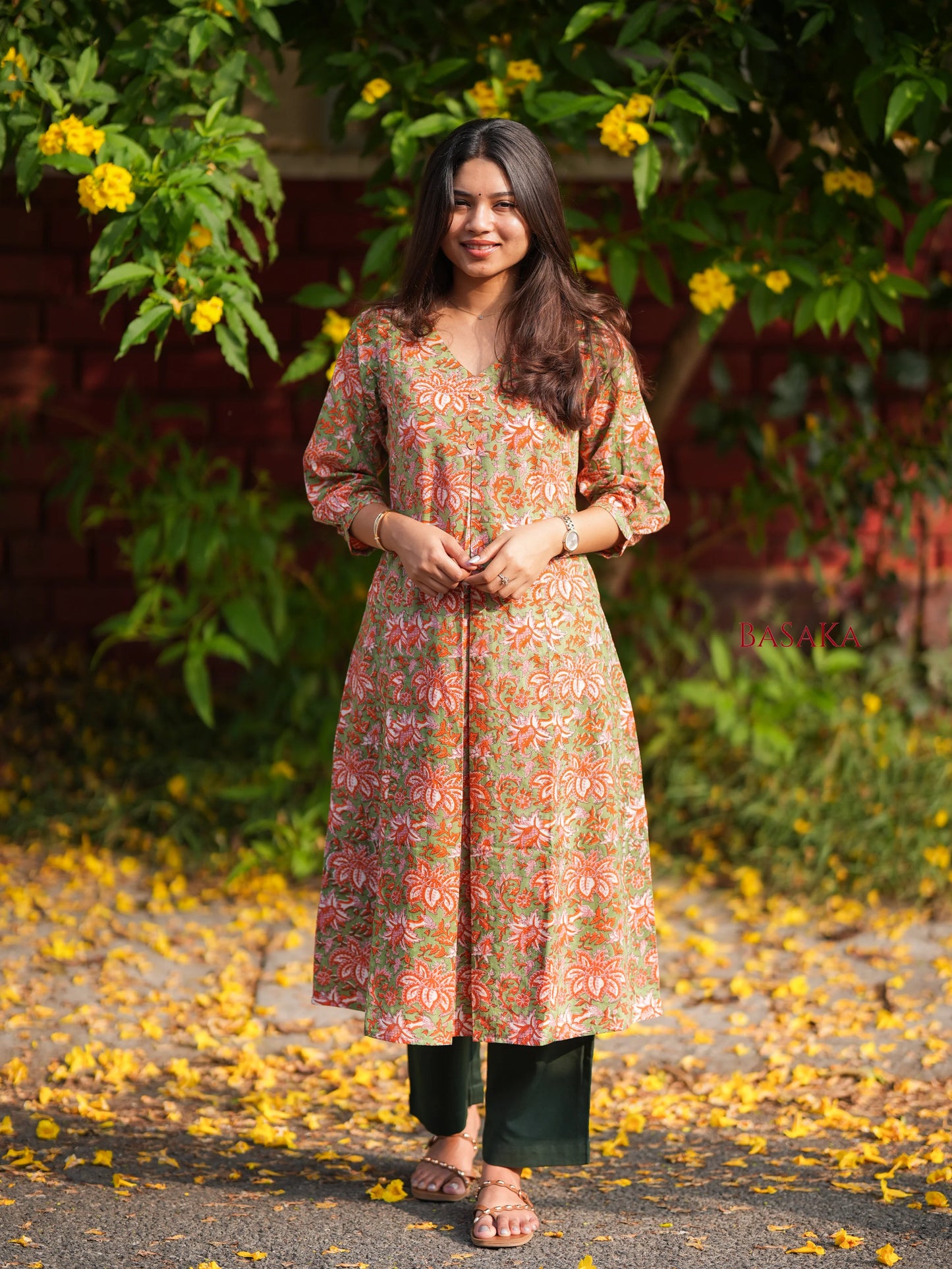 Olive n Coral Bloom Box Pleated COTTON Kurta