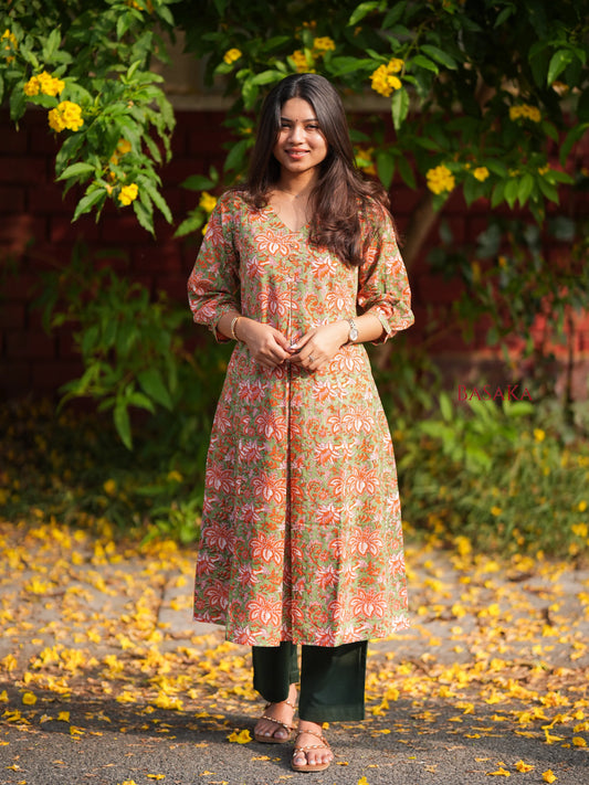 Olive n Coral Bloom Box Pleated COTTON Kurta