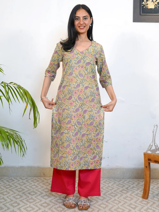 Olivine and Pink Ambi Block Printed COTTON Kurta
