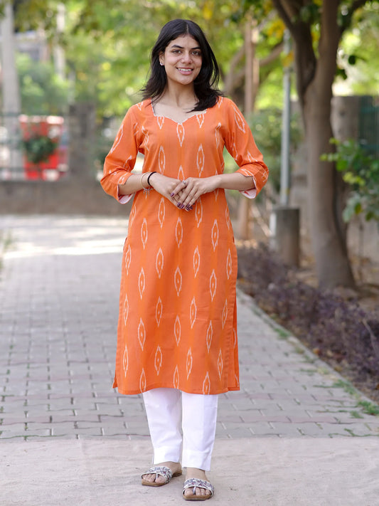 Orange IKKAT Handloom Cotton Kurta