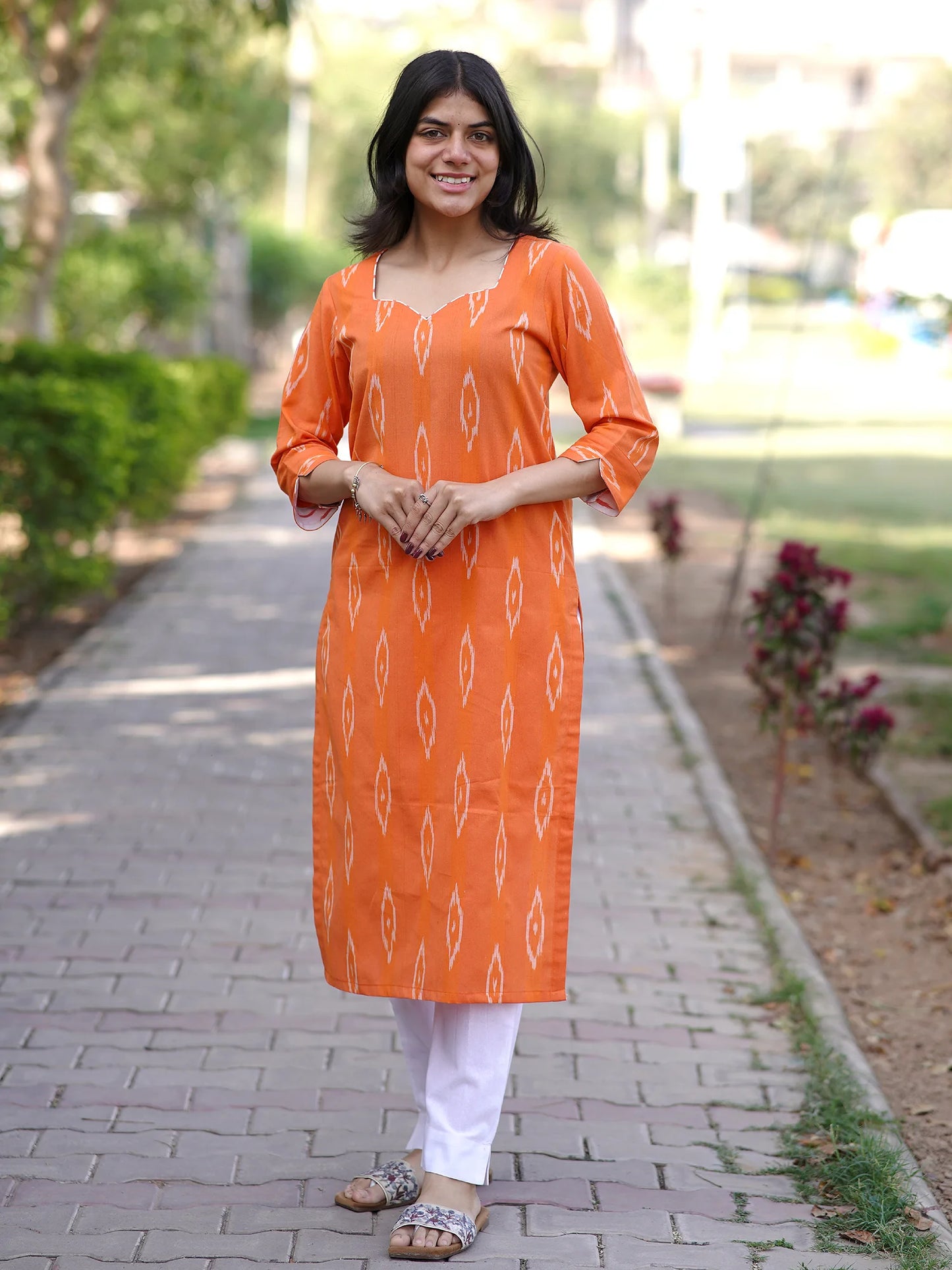 Orange IKKAT Handloom Cotton Kurta