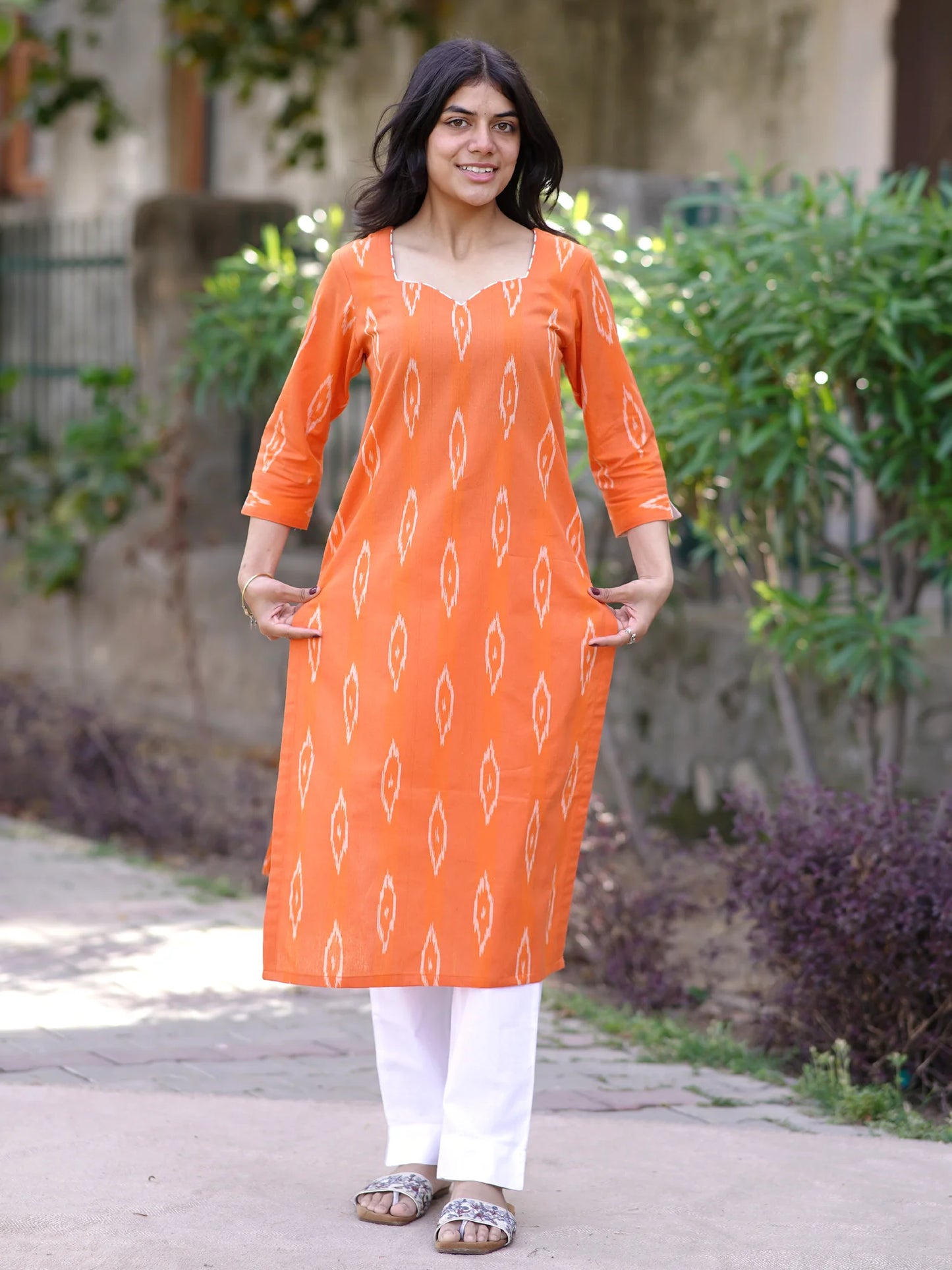 Orange IKKAT Handloom Cotton Kurta