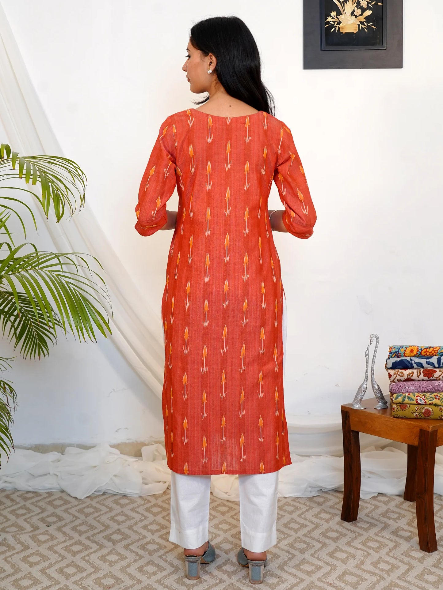 Orange Red Ikkat Handloom COTTON Kurta