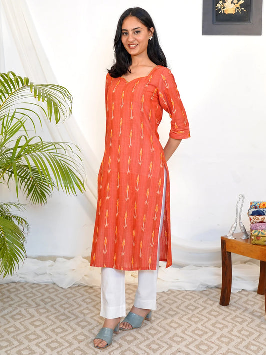 Orange Red Ikkat Handloom COTTON Kurta