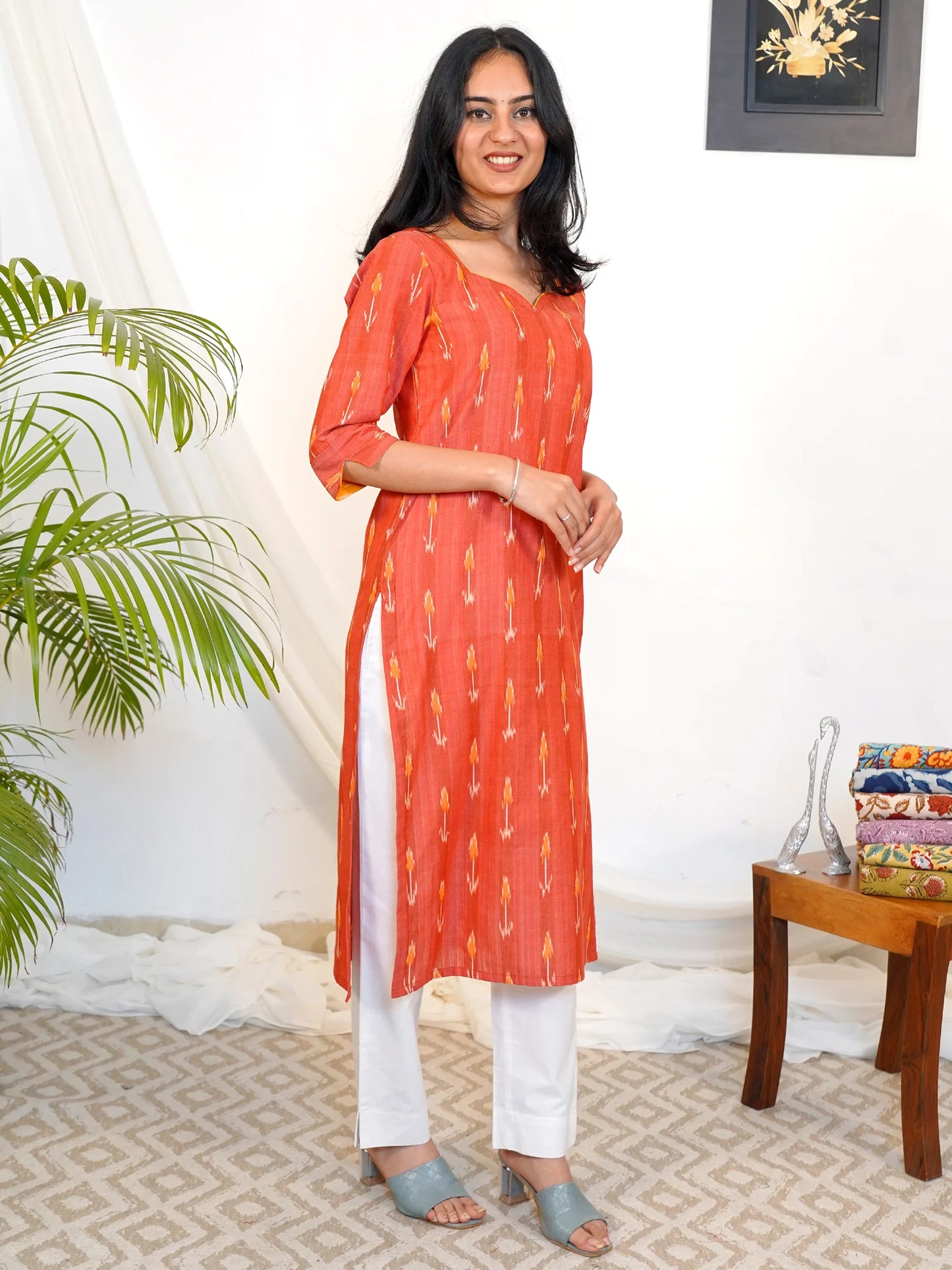 Orange Red Ikkat Handloom COTTON Kurta