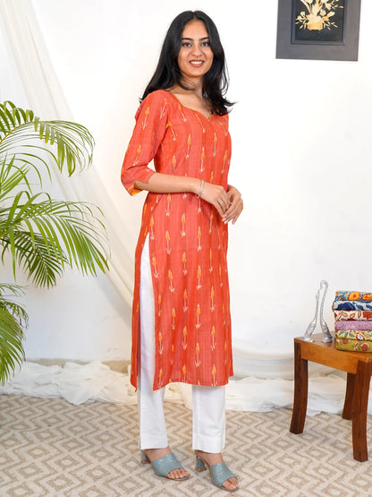 Orange Red Ikkat Handloom COTTON Kurta