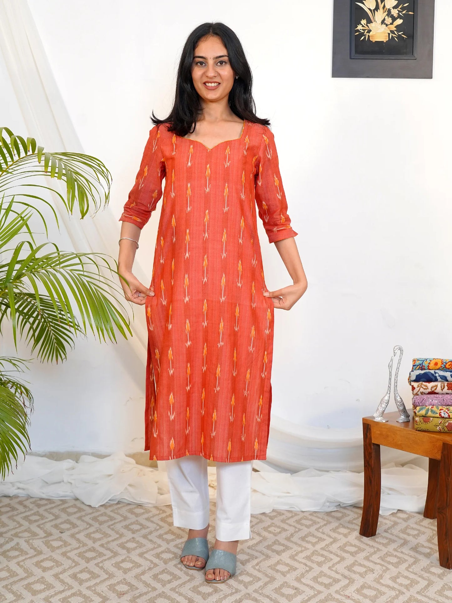Orange Red Ikkat Handloom COTTON Kurta