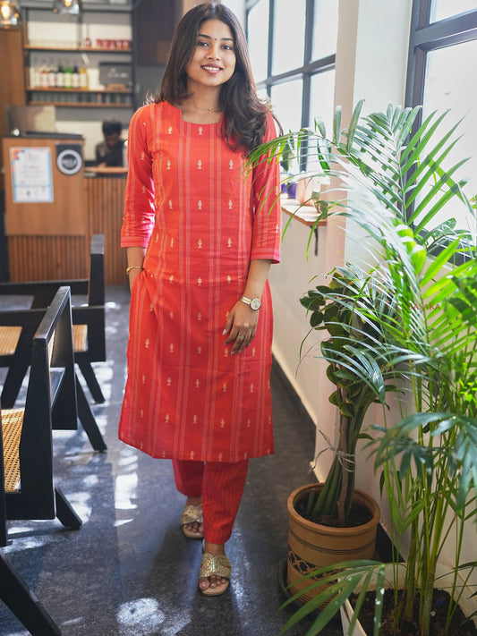 Orange Red South Cotton Kurta Set (2 Pcs.)