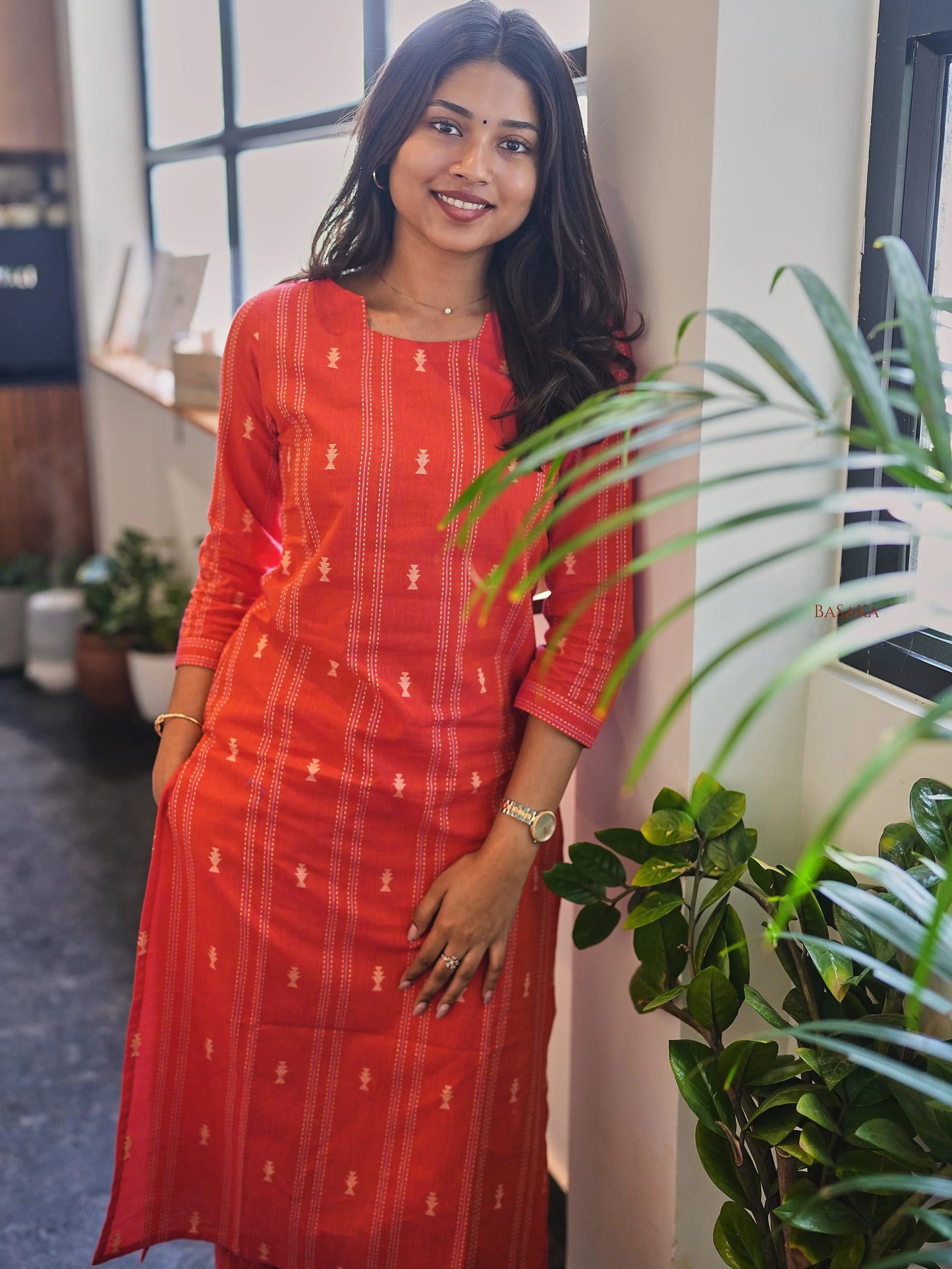 Orange Red South Cotton Kurta Set (2 Pcs.)