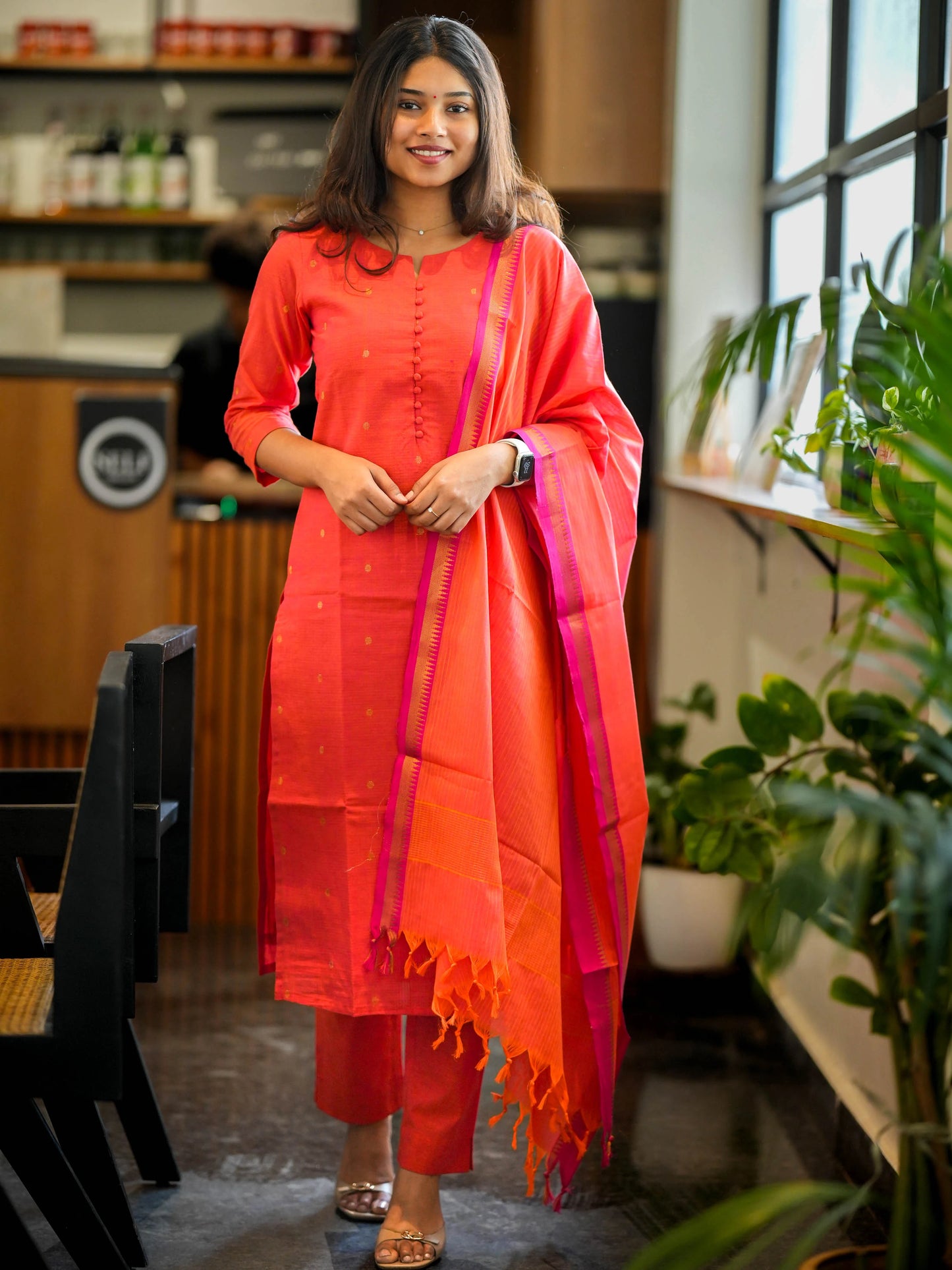 Orange South Cotton Handloom Suit Set (3Pcs.) with lining