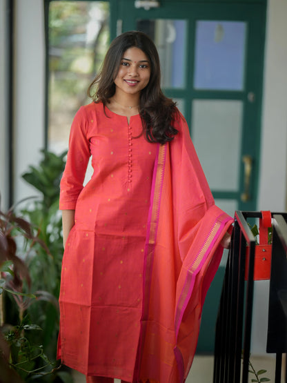 Orange South Cotton Handloom Suit Set (3Pcs.) with lining