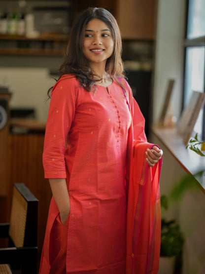 Orange South Cotton Handloom Suit Set (3Pcs.) with lining