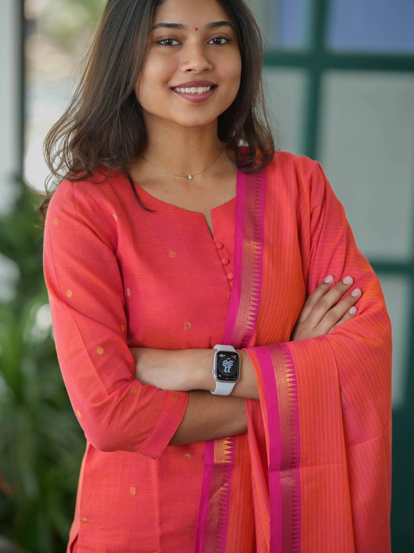 Orange South Cotton Handloom Suit Set (3Pcs.) with lining