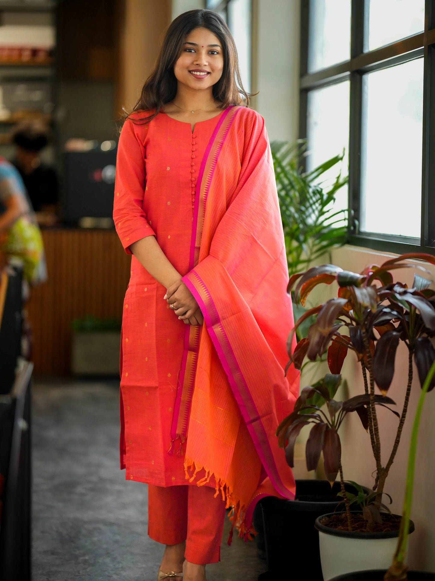 Orange South Cotton Handloom Suit Set (3Pcs.) with lining