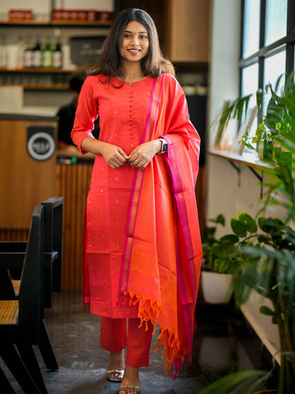 Orange South Cotton Handloom Suit Set (3Pcs.) with lining