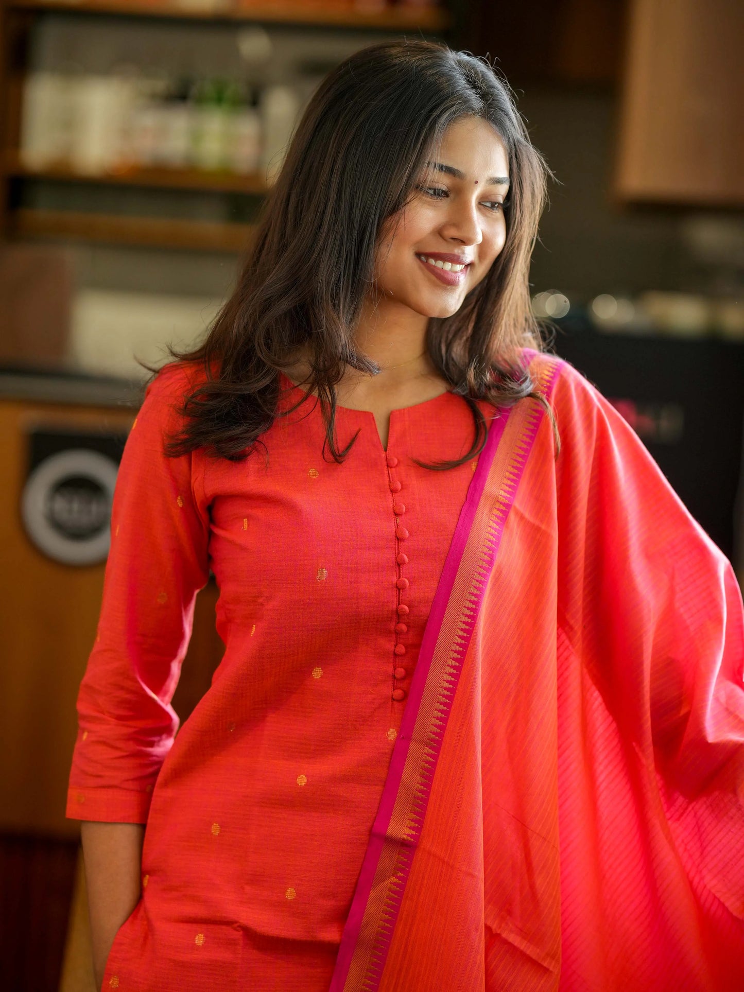 Orange South Cotton Handloom Suit Set (3Pcs.) with lining