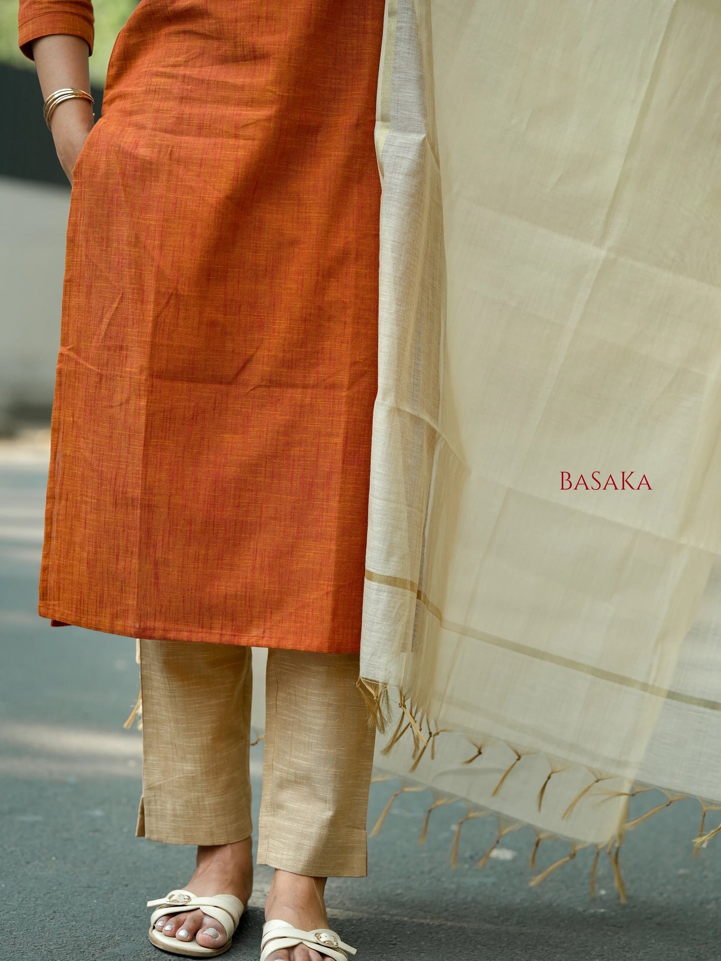 Burnt Orange South Cotton Handloom Suit Set (3Pcs.)