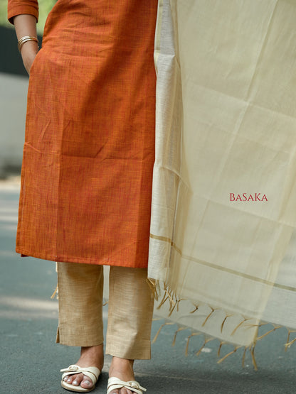 Burnt Orange South Cotton Handloom Suit Set (3Pcs.)