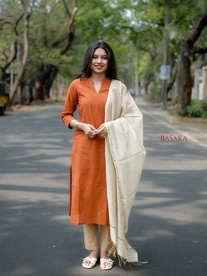 Burnt Orange South Cotton Handloom Suit Set (3Pcs.)