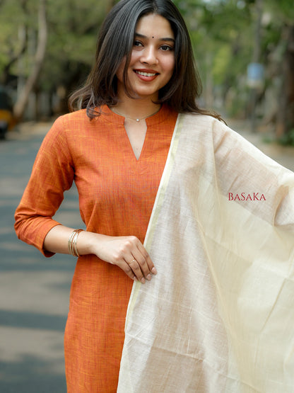 Burnt Orange South Cotton Handloom Suit Set (3Pcs.)