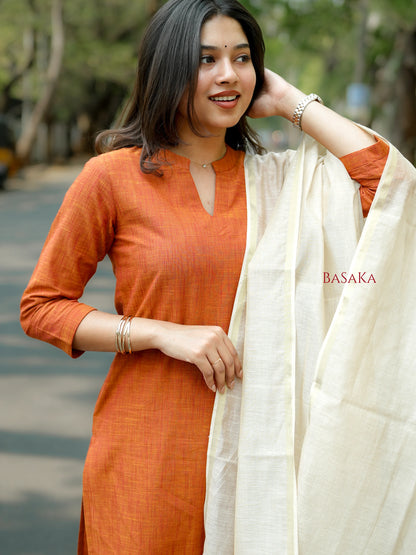 Burnt Orange South Cotton Handloom Suit Set (3Pcs.)