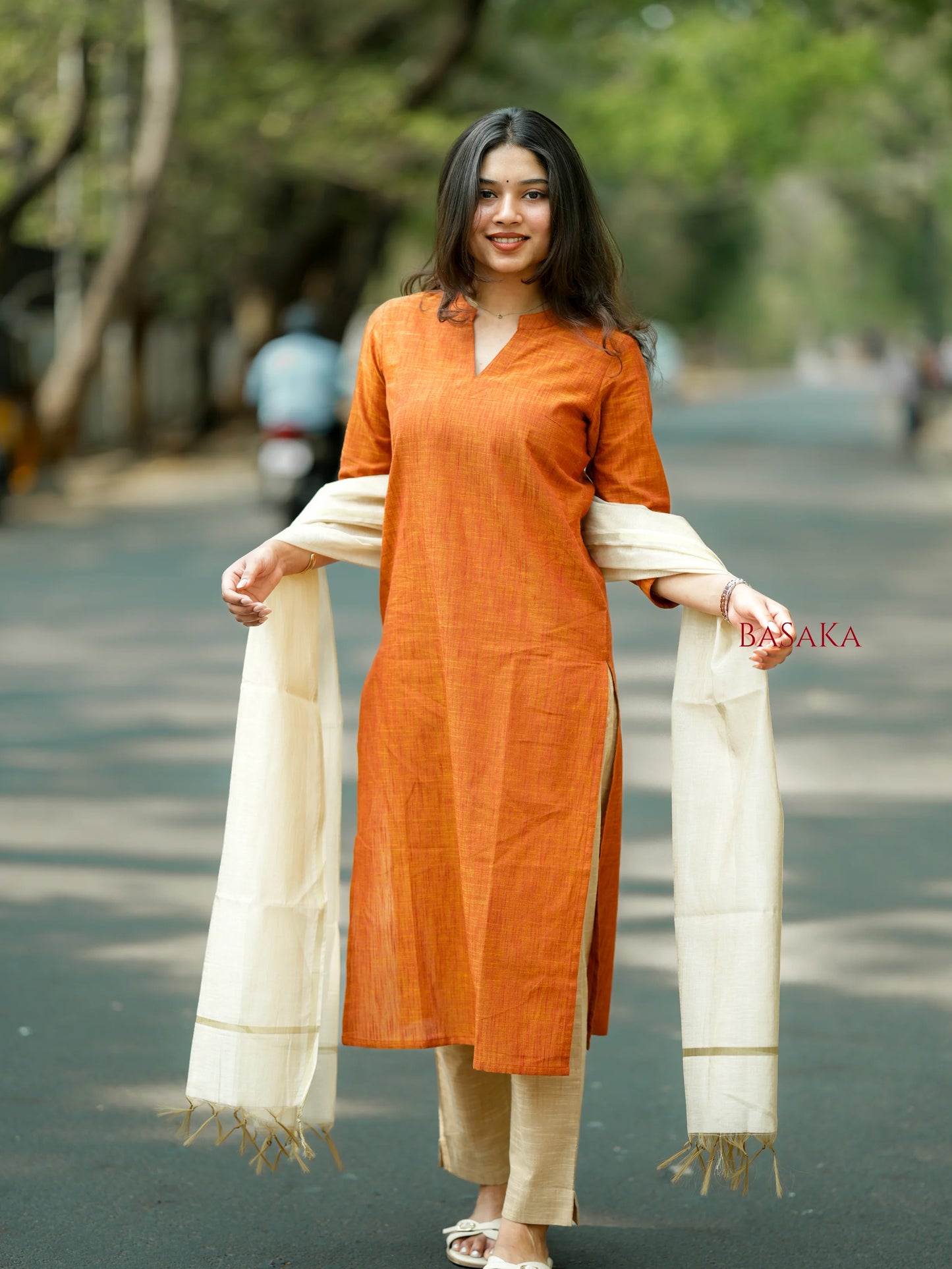 Burnt Orange South Cotton Handloom Suit Set (3Pcs.)