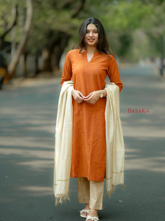 Burnt Orange South Cotton Handloom Suit Set (3Pcs.)