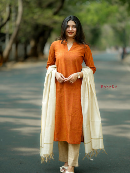 Burnt Orange South Cotton Handloom Suit Set (3Pcs.)