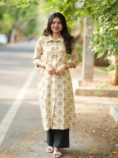 Pallakku on Sand Aline Block Printed COTTON Kurta