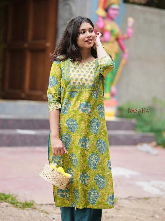 Parrot Garden Bloom Block Printed Kurta