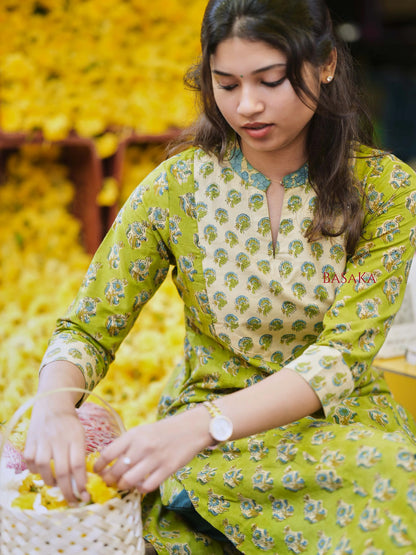 Parrot Green Blossom A-line COTTON Kurta