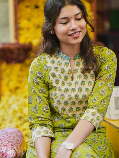 Parrot Green Blossom A-line COTTON Kurta