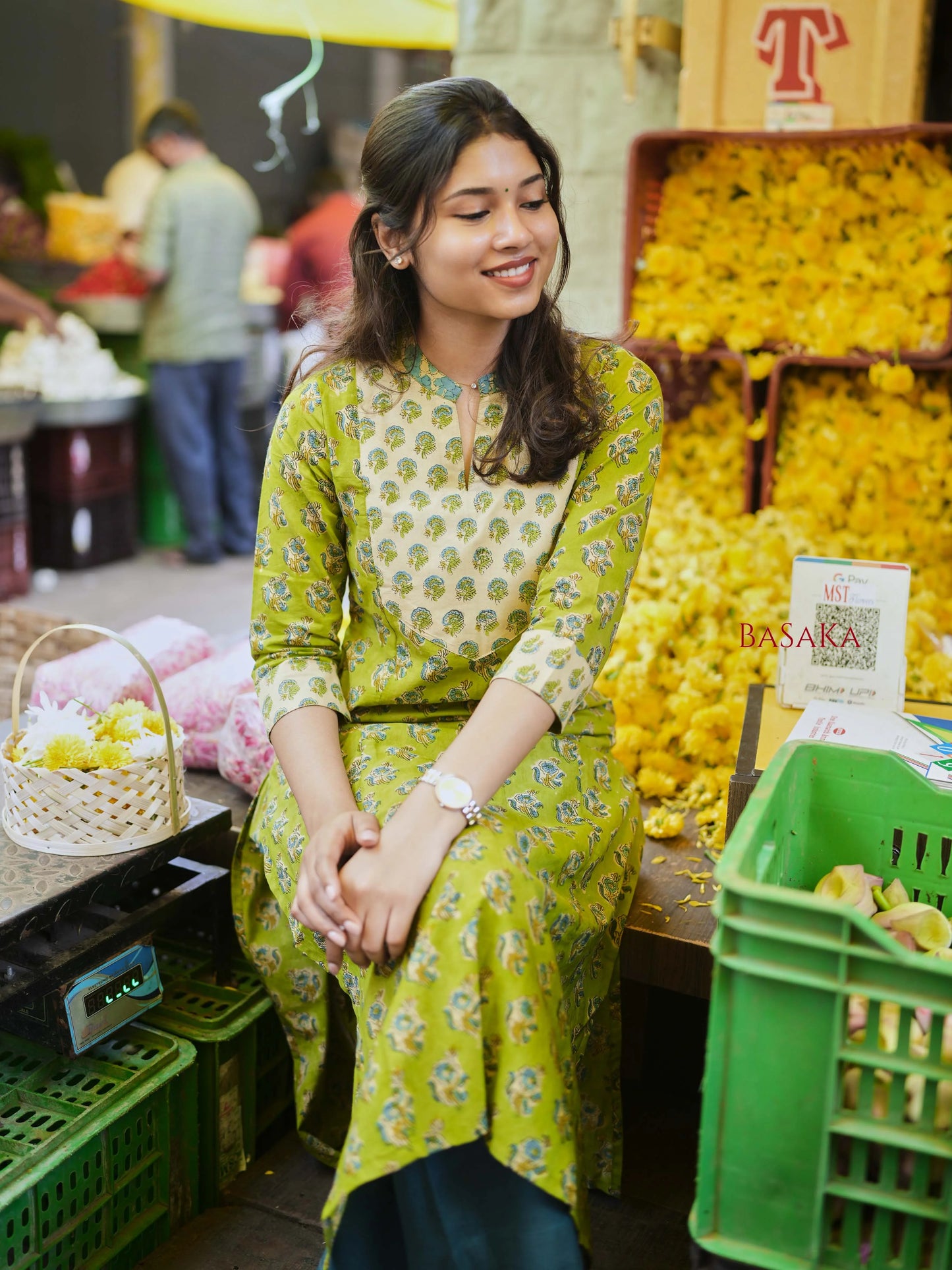 Parrot Green Blossom A-line COTTON Kurta