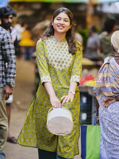 Parrot Green Blossom A-line COTTON Kurta