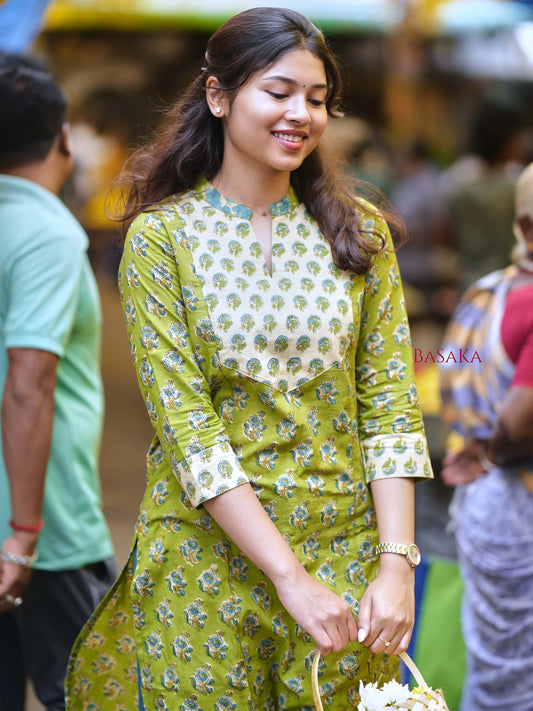 Parrot Green Blossom A-line COTTON Kurta